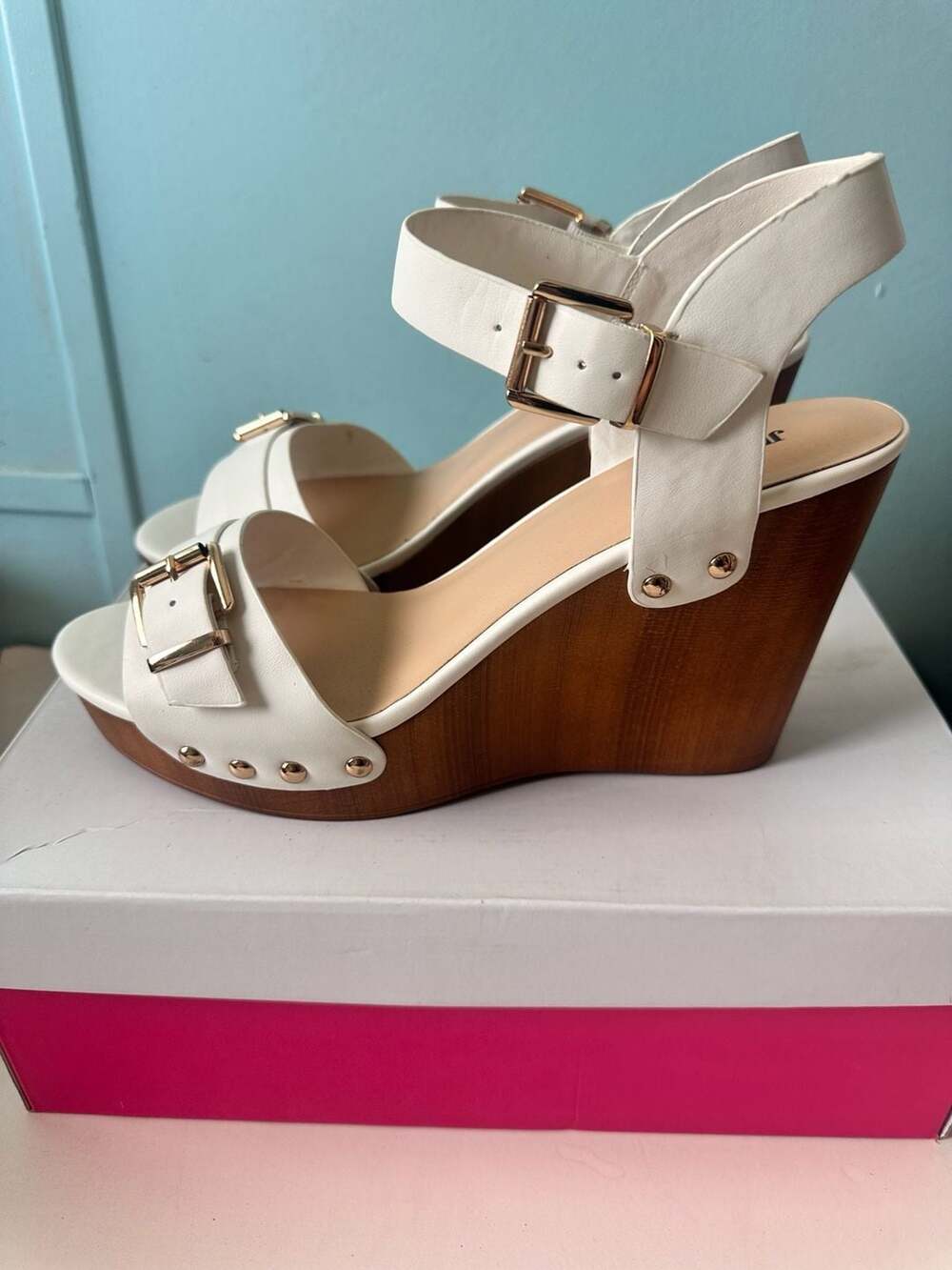 Just Fab Junipera Wedge Sandals Size US 10 White Buckle Ankle Strap